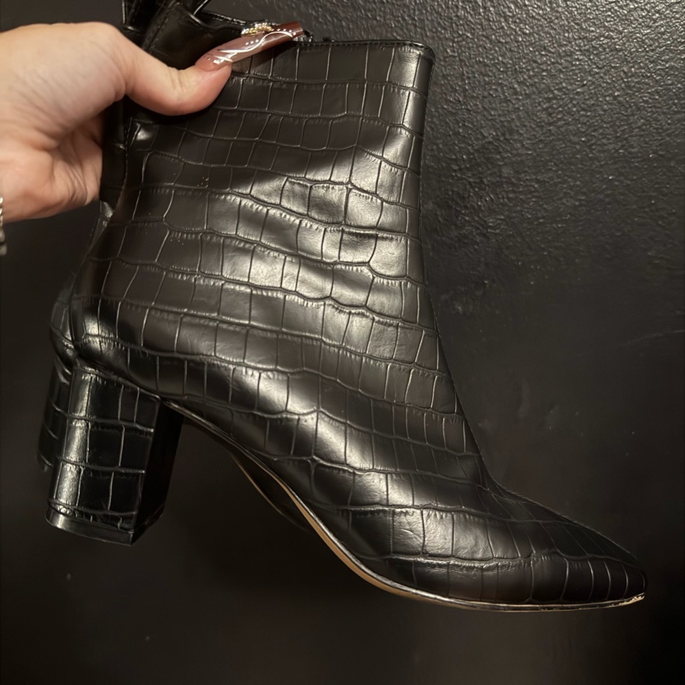 Black Croc-Embossed Ankle Boots